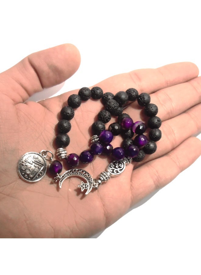 Handmade Lava Stone (22 Black) & Dark Purple Agate (11) Rosary – 33 Beads  – 8mm Natural Stones with Gift Jute Pouch - Image 4